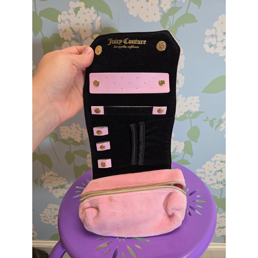 Juicy Couture Pink Velour Jewelry Travel Organizer Roll Case Black Velvet